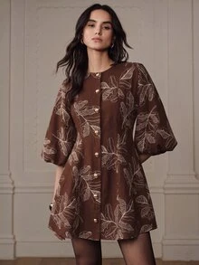 BELROSIE 女款迷你洋裝 A字版型 紋理梭織 金色鈕扣 燈籠袖 優雅棕色葉脈印花 秋季短裙 早午餐茶會穿搭 - 彩色 - 查看 5
