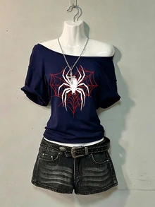 Teen Girls Casual Minimalist Spider Pattern Asymmetrical Shoulder Short Sleeve Top, Suitable For All Seasons - White - View 5