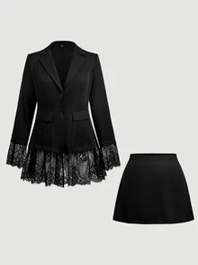 SHEIN MOD Plus Size Women Solid Color Contrast Lace Cuff Blazer And Skirt Elegant Set - Black - View 2