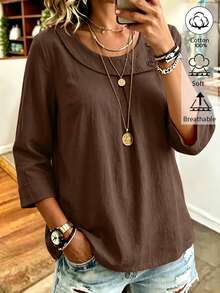 Weeklong Plus Size Cotton Fold Collar Long Sleeve Button Decor Loose Fit Casual Blouse Top - Brown - View 4