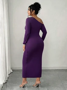 Elenzga Plus Size Elegant Fitted Sexy Cowl Neck Long Sleeve Bodycon Ruched Slit Dress Fall Christmas - Purple - View 2