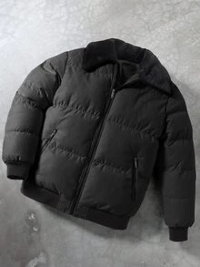 Manfinity Homme Men's Suede-Like Faux Fur Collar Quilted Padded Zip-Up Winter Jacket - Black - View 3