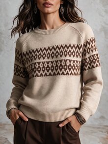 Solivie Women's Autumn/Winter Jacquard Fashion Long Sleeve Sweater - Camel - View 4