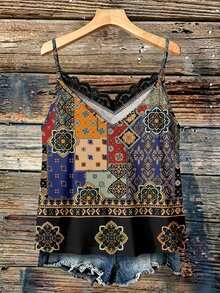 SHEIN VCAY Atasan Tank Top Cami Renda Motif Geometris Vintage Ukuran Plus - MultiWarna - View 2