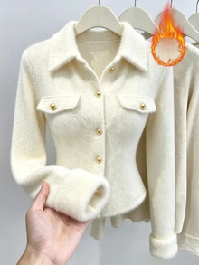 LUMIGAL Women's Autumn Solid Color Single-Breasted Long Sleeve Casual T-Shirt - Apricot - View 3