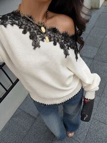 Siren Gaze 女款優雅露肩撞色蕾絲飾邊毛衣，寬鬆落肩長袖毛茸茸針織衫，秋冬感恩節新年款 - 杏色 - 查看 3