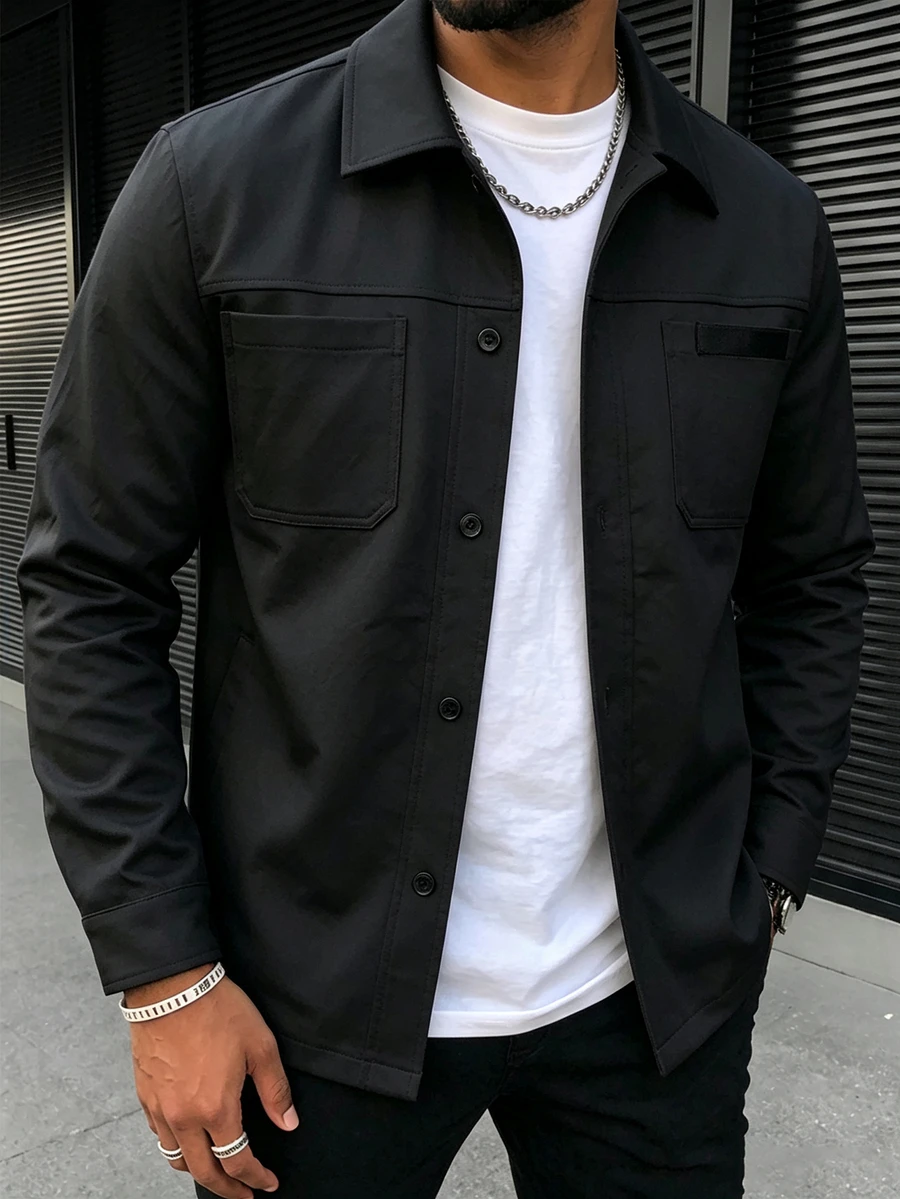 Manfinity Homme Men's Solid Color Casual Outdoor Slim Fit Jacket - Black - View 1