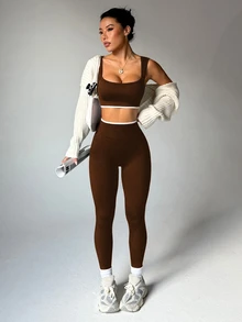 SHEIN Velisys 女款拼色短版上衣與緊身褲休閒日常運動套裝 - 彩色 - 查看 5