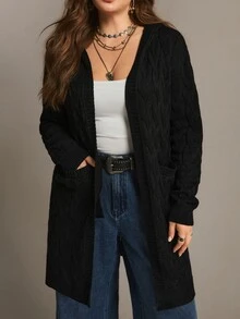Freevana Women's Open Front Hooded Cardigan - Solid Color Black Cable Knit Sweater - Long Coats - Black - View 6