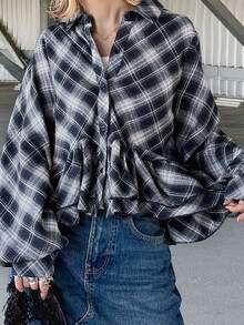 FRIFUL Women's Plaid Casual Versatile Everyday Outing Shirt - Black and White - View 5