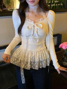 DAZY Women's Casual Ruffle Trim Long Sleeve Girlish Fresh Korean Style T-Shirt - White - View 9