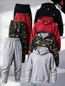 SHEIN 6件組兒童青少年男孩休閒極簡時尚運動酷感迷彩、黑色、灰色、紅色套頭衛衣、長袖運動長褲、短褲套裝，適合通勤、上學、日常休閒、度假、旅行、運動，秋冬季、開學季、聖誕節 - 彩色 - 查看 1