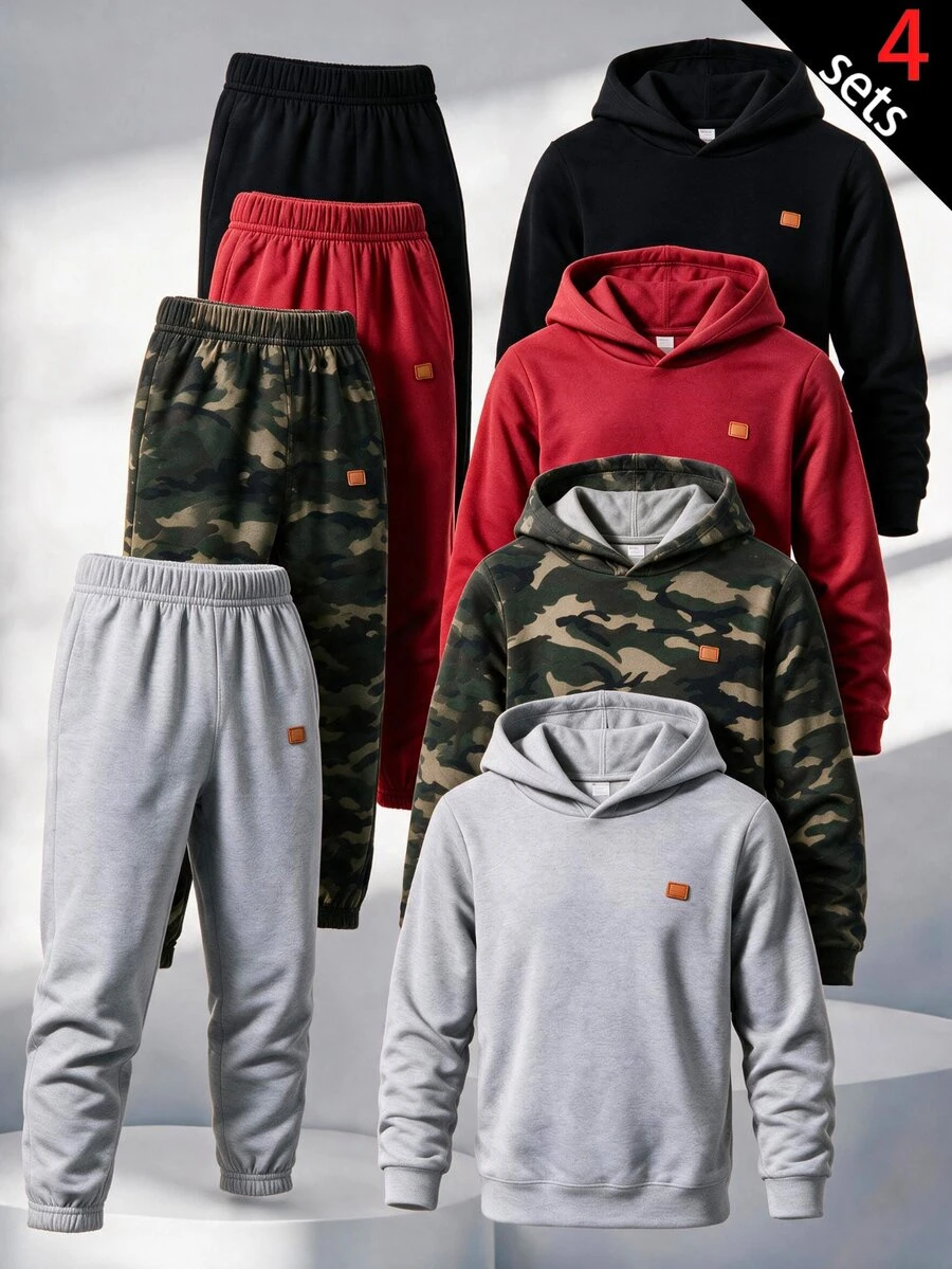 SHEIN 6件組兒童青少年男孩休閒極簡時尚運動酷感迷彩、黑色、灰色、紅色套頭衛衣、長袖運動長褲、短褲套裝,適合通勤、上學、日常休閒、度假、旅行、運動,秋冬季、開學季、聖誕節 - 彩色 - 查看 1