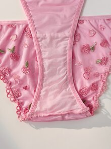 PetitDoll Girls Pink Rose Embroidered Lingerie Set, Lace Trim V-Neck Underwire Bra With Adjustable Shoulder Straps And Back Closure, 2-Piece Women's Bra And Panty Set - Pink - View 5