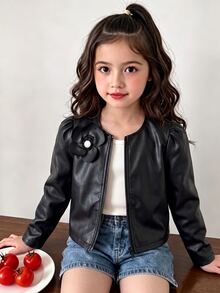 Tween Girl 3D Floral Decor PU Leather Zipper Front Cute Jacket School Off Campus All Black Fall Korea Career Day - Black - View 1