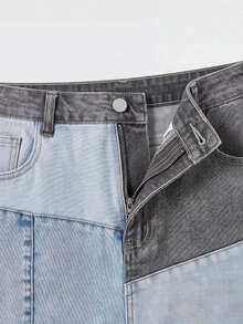 Sweetra 大尺碼女款休閒日常牛仔迷你裙，附口袋、鈕扣與拼色設計 - 彩色 - 查看 3