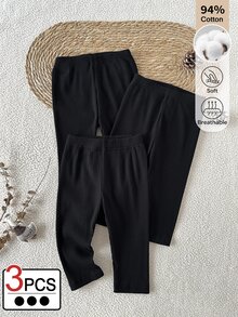 SHEIN BABY GIRLS 3-Pack Ribbed Knit Leggings, Solid Black Skinny Fitted Long Pants, Soft Breathable Cotton Everyday Bottom Trousers For Fall Outfits - Black - View 5