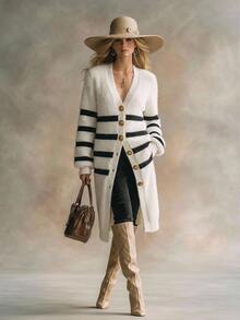 Solivie Women's Autumn/Winter White Mink Fur Sweater Cardigan, Contrast Color Inner, Long Leg Style - White - View 5