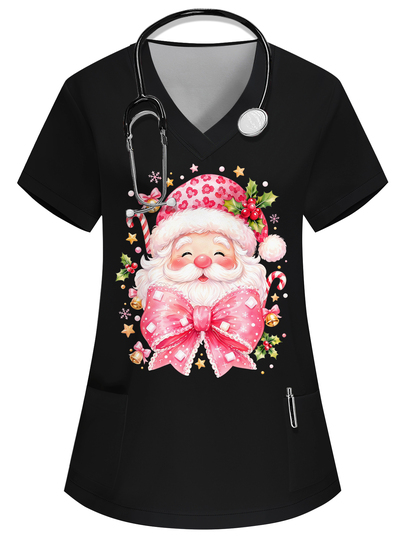 PopScrub Christmas V-Neck Short Sleeve Double Pocket Cute Santa Claus, Christmas Tree, Snowflake, Lantern, Bell Cartoon Print Pattern Design Printed Nurse, Lab, Doctor Work Uniform, Multi-Pocket Functional Holiday Top, Christmas Women's Blouse, Christmas Party, Christmas Decoration, Cute, Merry Christmas