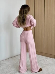 CovetEZ 女款冬季極簡休閒咖啡棕圓領長袖毛衣與長褲兩件套 - 粉色 - 查看 2