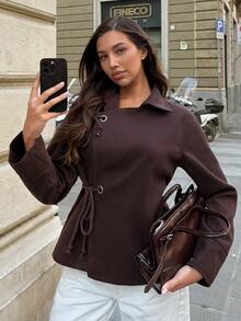 Siren Gaze Women's Grey Asymmetric Oversized Overcoat With Drawstring Detail - Brown - View 5