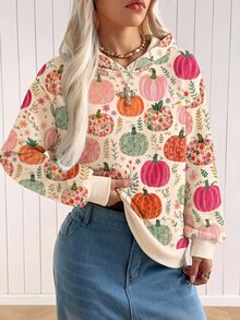 SHEIN EZwear 女款萬聖節南瓜圖案長袖圓領套頭運動衫，秋冬日用休閒可愛米色 - 彩色 - 查看 3