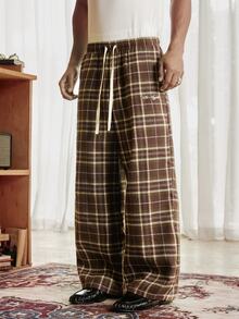 SWAVVY Men's Plaid Drawstring Waist Wide Leg Loose Fit Long Pants - Coffee Brown - View 1