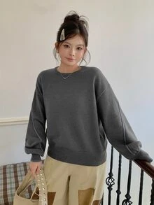 Dazy Plus Dark Gray Color Block Blue Trim Crew Neck Drop Shoulder Long Sleeve Loose Casual Versatile Sweater Autumn - Dark Grey - View 5