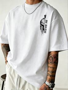 Manfinity Homme Men's Plus Size Classic Street Spartan Helmet Double-Sided Print Fitted T-Shirt, Suitable For Daily Wear And Gatherings - White - View 2