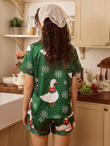 Tulorae Christmas Dark Green Background Bow & Floral Wreath Large White Goose And White Snowflake Faux Silk Short Sleeve Pajama Set - Dark Green - View 2
