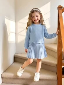 Souflis Young Girl Outfit Set Light Blue Knit Sweater Long Puff Sleeve Solid Top With Pleated Skirt - Blue - View 6