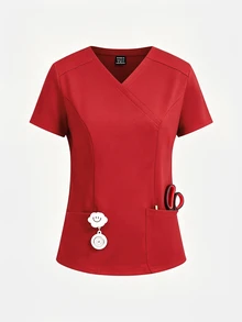 TaskEZ 女款春夏黑色三口袋小包圍式公主後縫線刷手服上衣，舒適時尚流行制服刷手服 - 紅色 - 查看 11