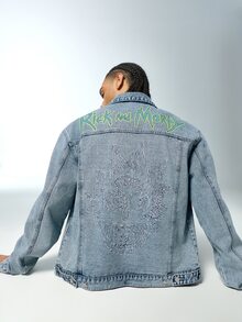 Rick and Morty X SHEIN Men's Letter Print Long Sleeve Single-Breasted Casual Denim Jacket - Blue - View 4