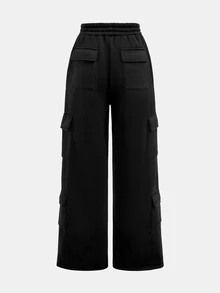 SHEIN 青少年女孩黑色針織彈性多口袋工裝休閒保暖運動長褲 - 黑色 - 查看 2