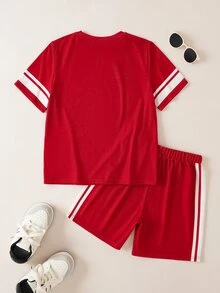 LOONEY TUNES X SHEIN Bộ đồ casual cho bé trai tuổi tween gồm áo thun cổ tròn tay ngắn và quần short - Đỏ - Xem 2