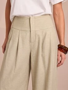 COSMINA Women's Casual Elegant Pleated Faux Linen Long Pants - Apricot - View 5