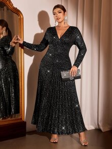 Cravure Plus Size Women V-Neck Shiny Casual Party Dress - Black - View 6