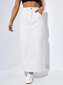 SHEIN EZwear 女款高腰長款休閒牛仔裙 - 白色 - 查看 6