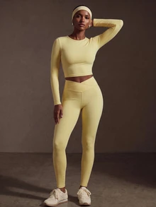 Zivah Women's Long Sleeve Minimalist Top And Criss-Cross Waist Pants Sports Set - Yellow - View 9