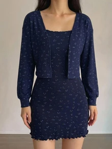 DAZY 2pcs/Set Women's Sweet Ditsy Floral Fitted Sleeveless Camisole Dress & Long Sleeve Cardigan Pajama Set - Navy Blue - View 6