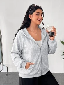SHEIN EZwear 大尺碼休閒淺灰色連帽衛衣，秋冬款 - 淺灰色 - 查看 3