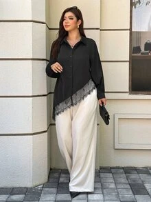 Easura Plus Size Women's Lace Patchwork Casual Daily Wear Blouse - Black - View 3