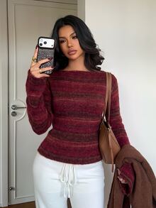 Aloruh Women's Striped Casual Versatile Daily Long Sleeve Sweater - Burgundy - View 8