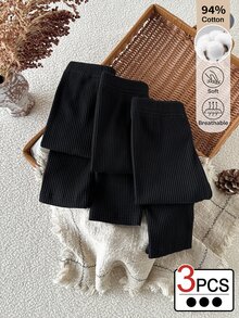SHEIN BABY GIRLS 3-Pack Ribbed Knit Leggings, Solid Black Skinny Fitted Long Pants, Soft Breathable Cotton Everyday Bottom Trousers For Fall Outfits - Black - View 8