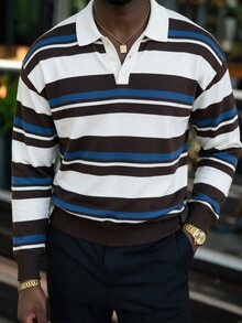 Manfinity Homme 男士條紋 Polo 領長袖休閒毛衣 - 彩色 - 查看 1