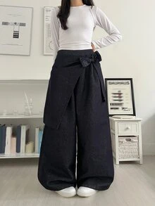 DAZY Women's Wrap Bow Decor Loose Straight Leg Denim Jeans - Dark Wash - View 6