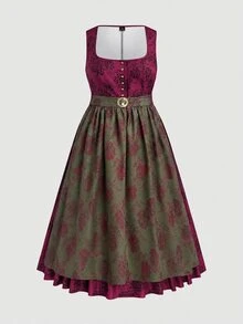 Fairmaia German Traditional Plus Size Women's Floral Print Square Neck Sleeveless Dress - Burgundy - View 1