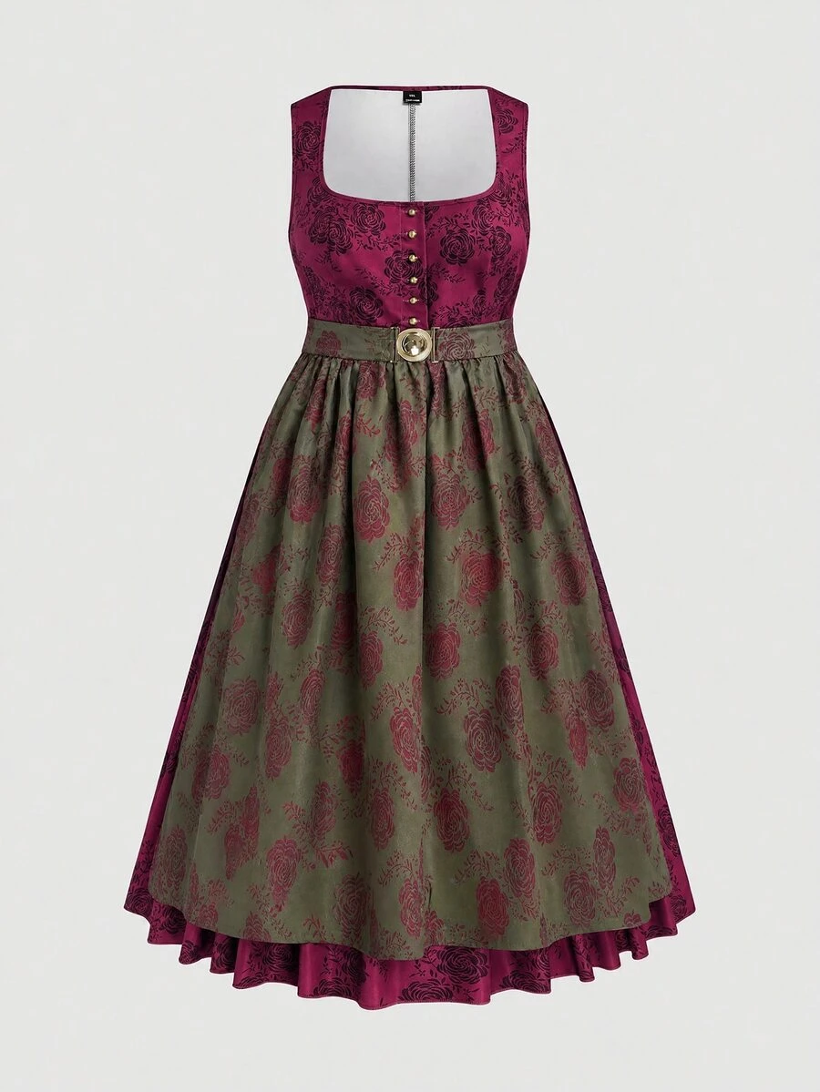 Fairmaia German Traditional Plus Size Women's Floral Print Square Neck Sleeveless Dress - Burgundy - View 1