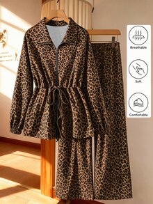 SHEIN LUNE CURVE Women's Plus Size Autumn Leopard Print Zipper Jacket And Pants 2 Pieces Set, Suitable For Daily Wear, Casual And Elegant Fall - Brown - View 3