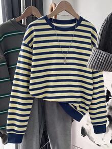 SHEIN LUNE Women's Striped Color-Block Sweatshirt,Fall Clothes For Women,Winter Clothes, Homecoming,Y2K,Casual - White - View 1